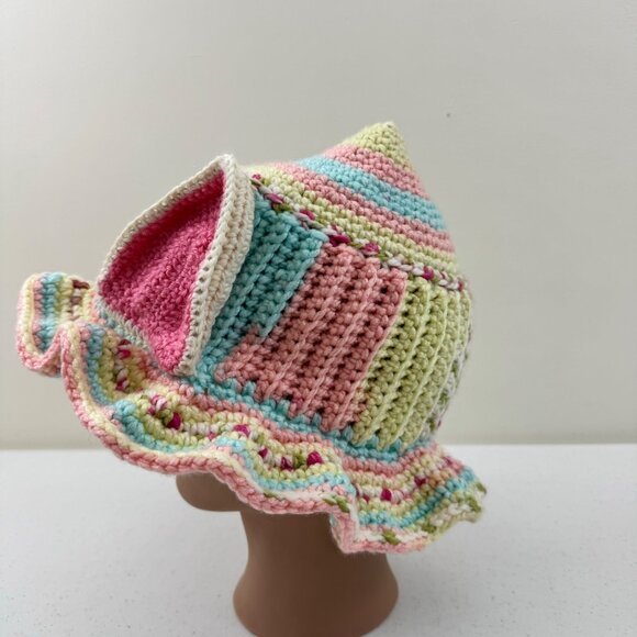 Handmade Multicolor Crochet Cat Ear Pixie Hat With Ruffled Brim For Adults main image 3